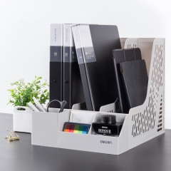 得力78980 带笔筒多功能三联文件框 PC材质(灰）